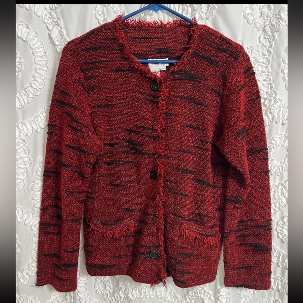 Coldwater Creek Womens Sz M  Pretty black Red  Button Jacket /Sweater/Cardigan